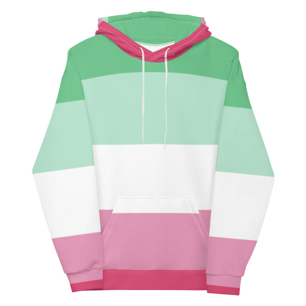 Front-view hoodie with mint green, white, and pink horizontal stripes