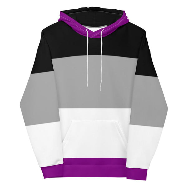 Front view of a black, gray, white, and purple color-block pullover hoodie