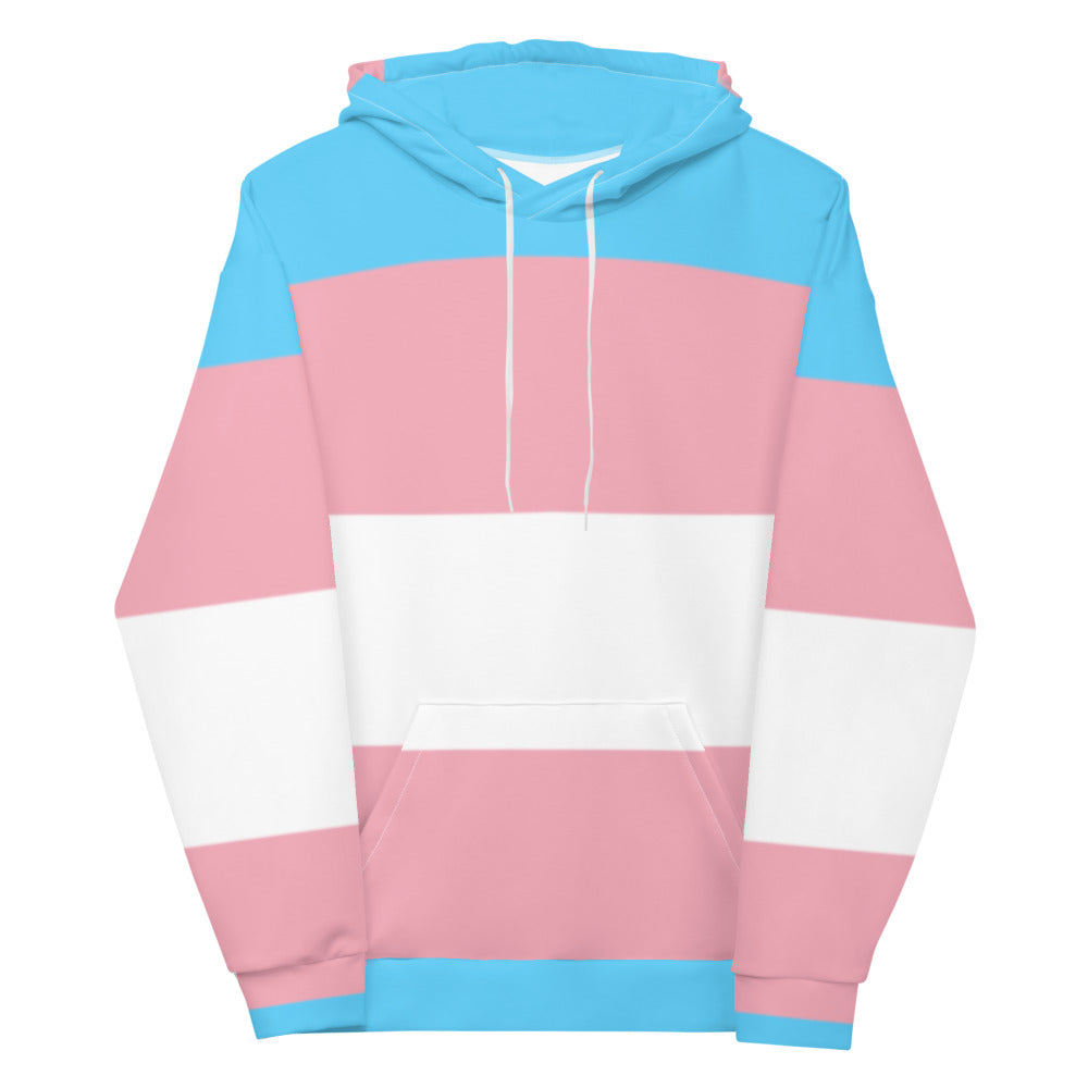 Front-view pullover hoodie with blue, pink, and white transgender pride stripes