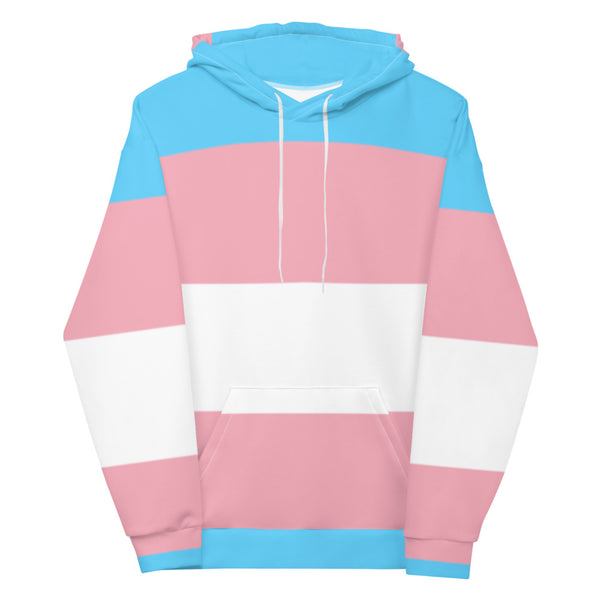 Front-view pullover hoodie with blue, pink, and white transgender pride stripes