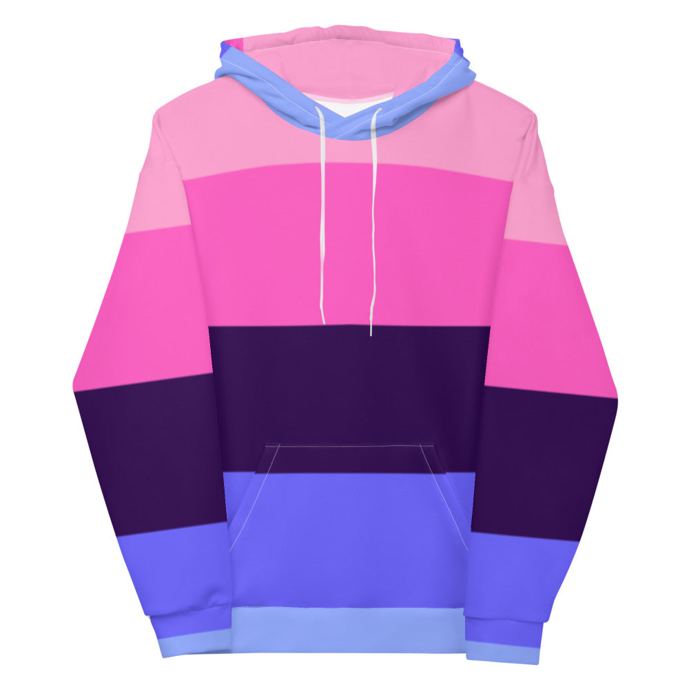 Front view of a pink, purple, and blue striped hoodie with a kangaroo pocket