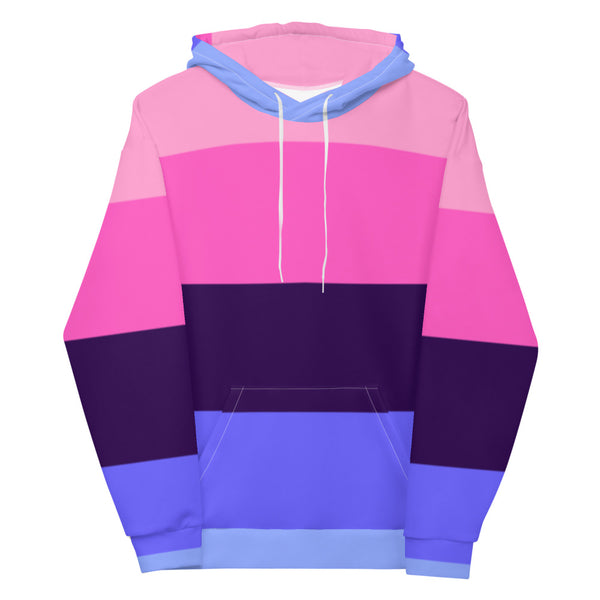 Front view of a pink, purple, and blue striped hoodie with a kangaroo pocket