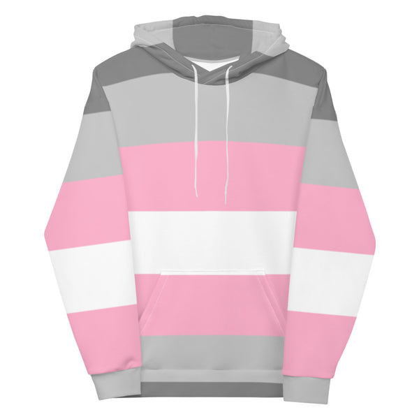Front view of a gray, pink, and white striped pullover hoodie with drawstrings