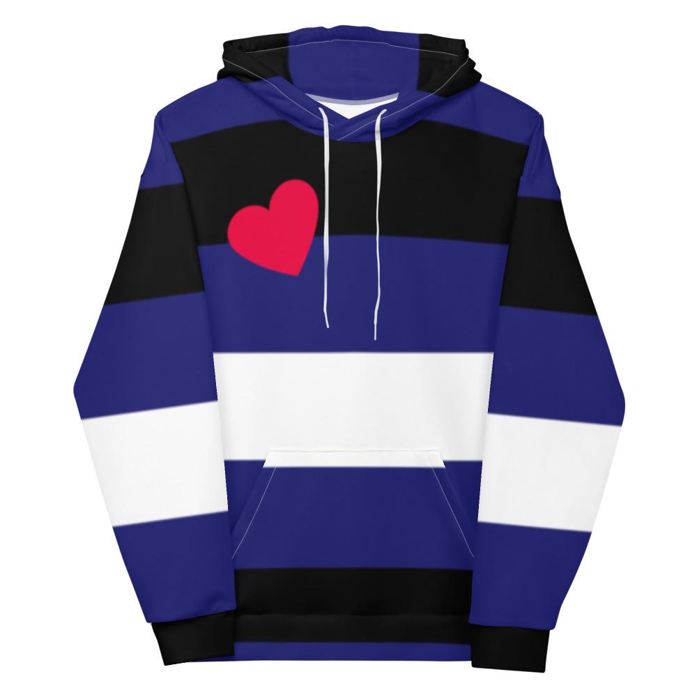 Front-view blue, black, and white striped hoodie with a pink heart and white drawstrings