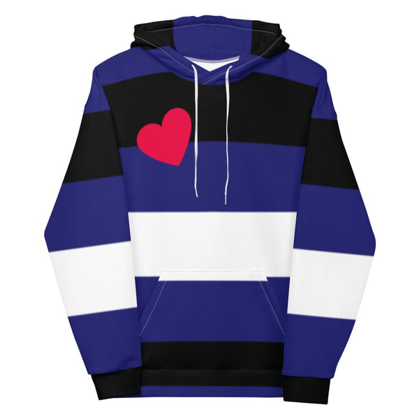 Front-view blue, black, and white striped hoodie with a pink heart and white drawstrings