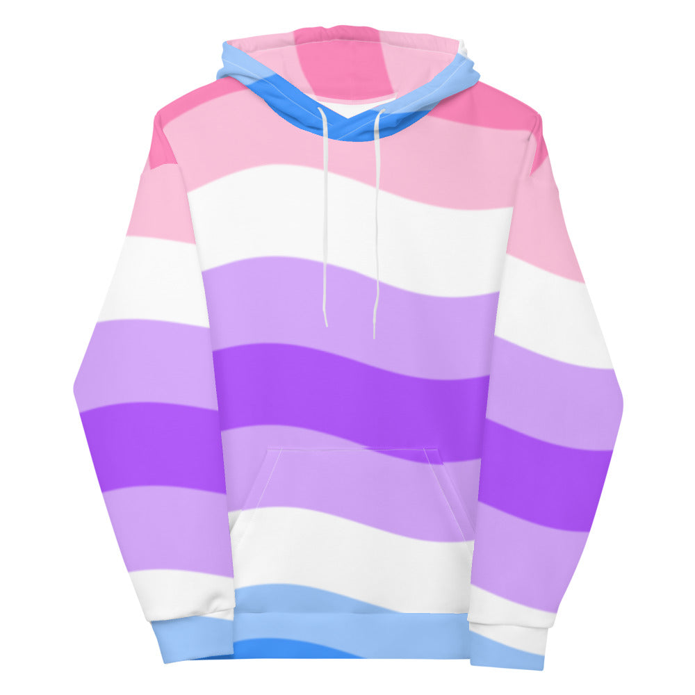 Front view of a genderfluid flag-striped hoodie with blue drawstrings and kangaroo pocket