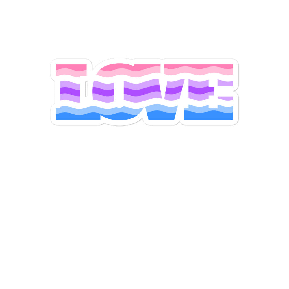 Die-cut sticker spelling “LOVE” in pink, purple, and blue wavy stripes