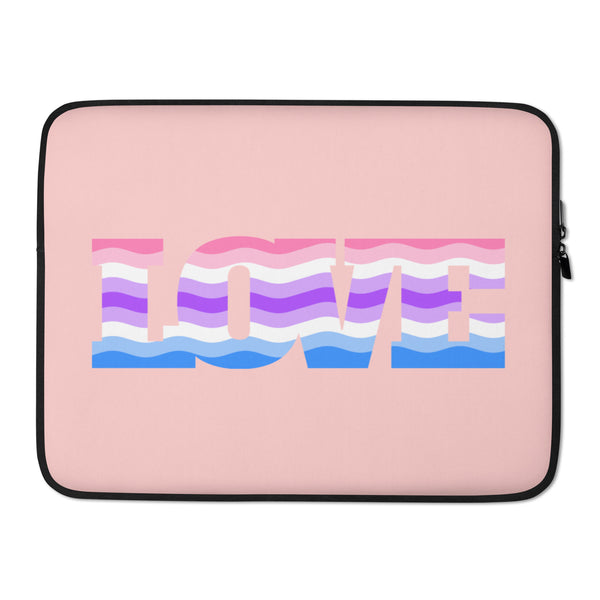 Pink laptop sleeve with black edging and a large wavy genderfluid flag design spelling “LOVE.”