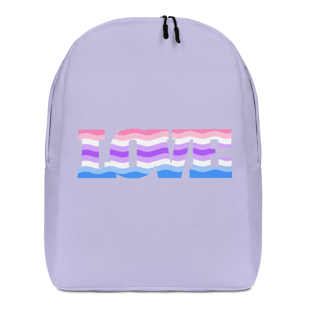 Front view of a lavender backpack with colorful wavy stripes spelling “LOVE.”