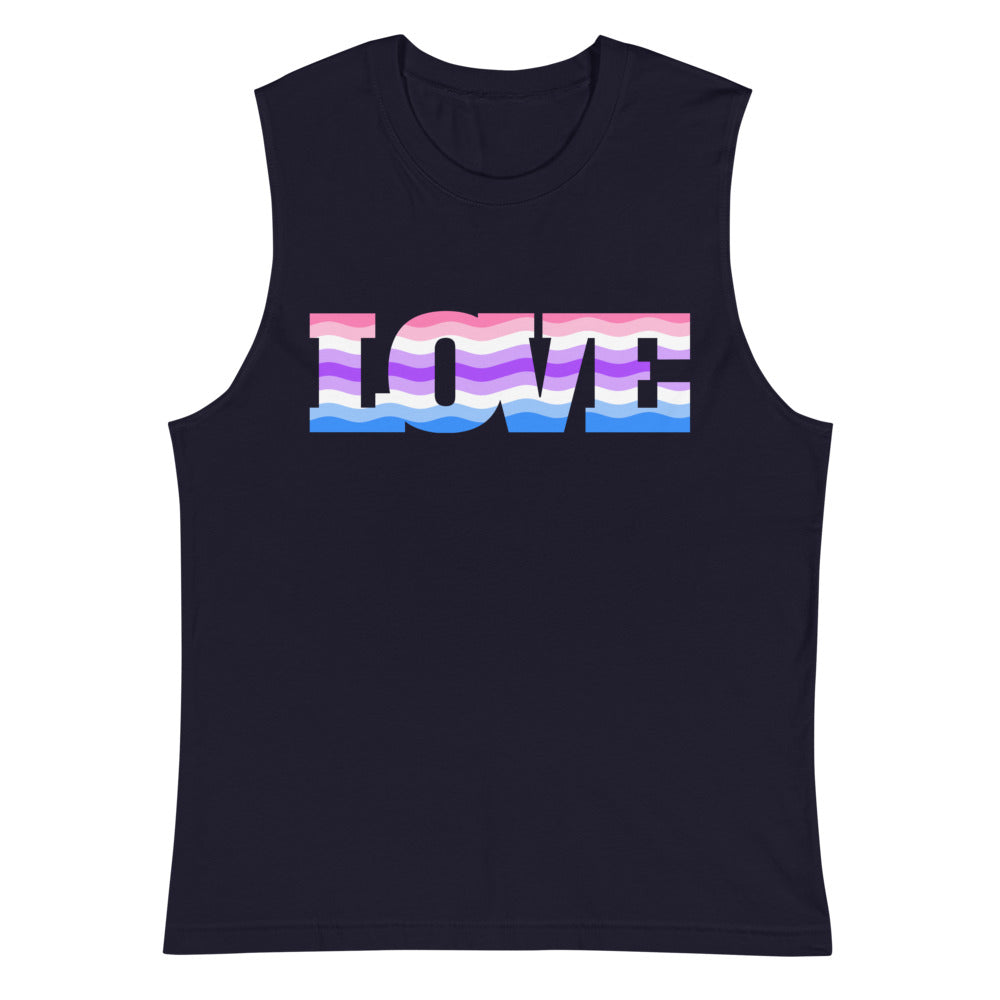 Navy sleeveless muscle tank with a pink, white, purple, and blue “LOVE” graphic