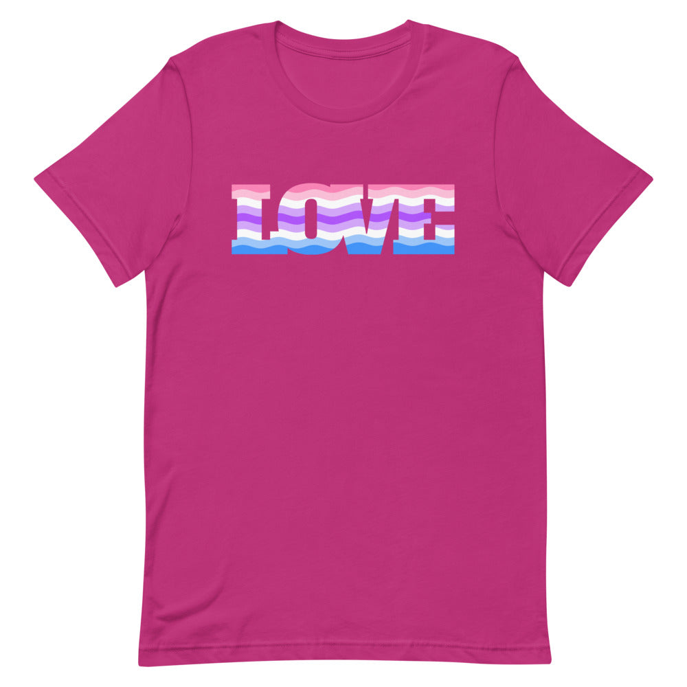 Berry short-sleeve T-shirt with a colorful wavy “LOVE” graphic across the chest