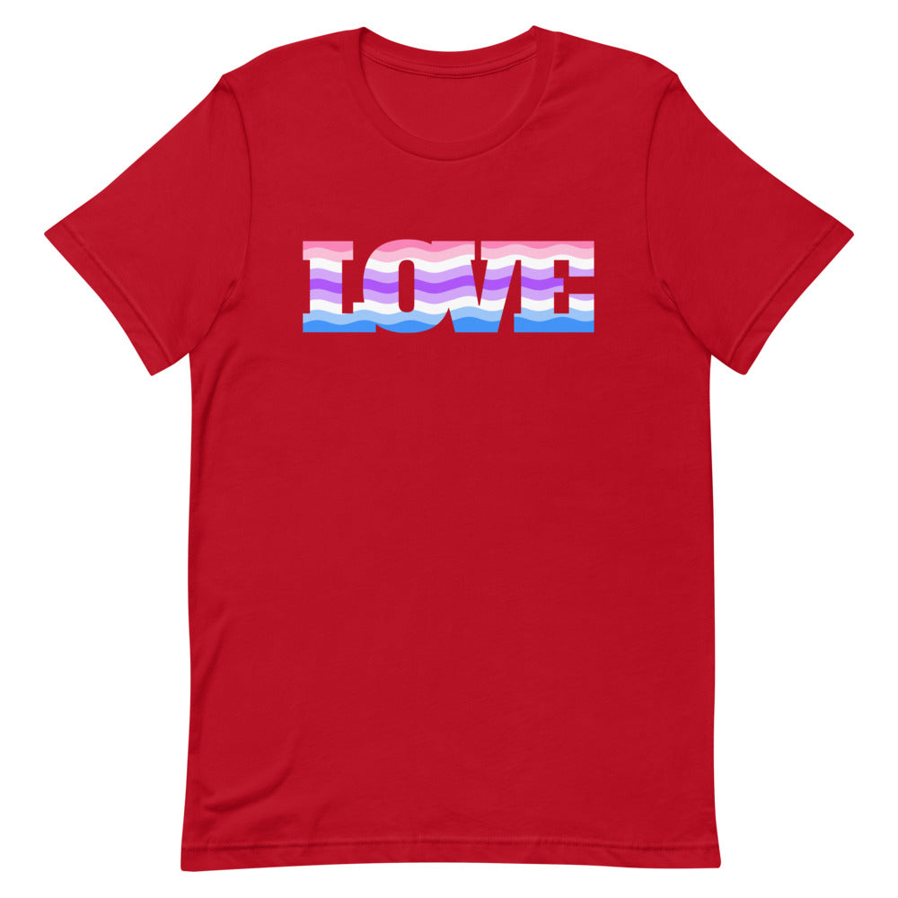 Front view of a red T-shirt with wavy pink, white, purple, and blue “LOVE” graphic
