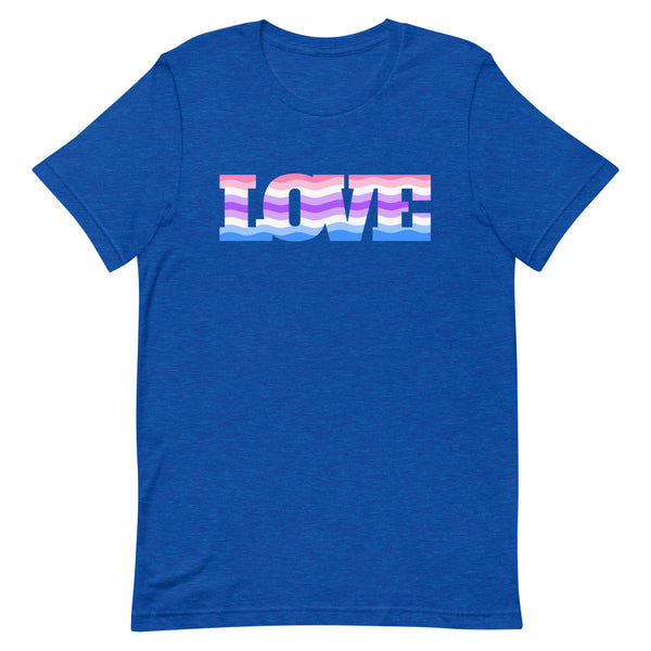 Front-facing royal blue T-shirt with wavy pink, white, purple, and blue LOVE graphic