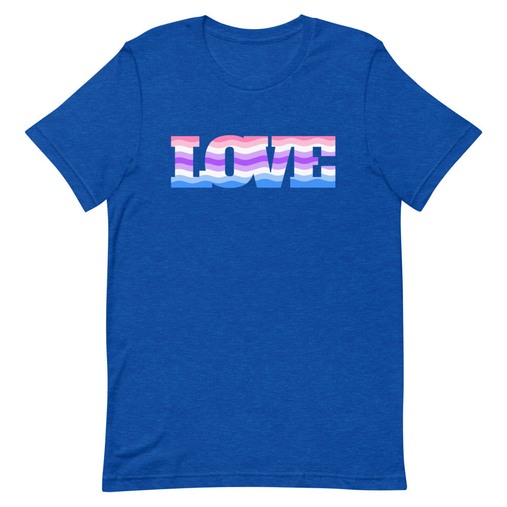 Front-facing royal blue T-shirt with wavy pink, white, purple, and blue LOVE graphic