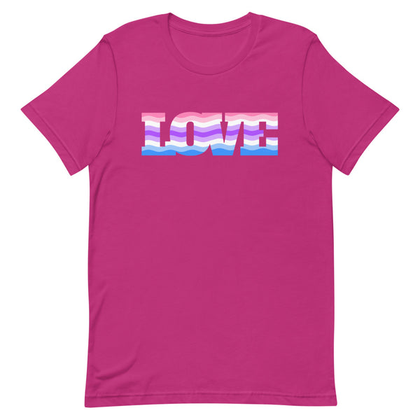 Berry short-sleeve T-shirt with a colorful wavy “LOVE” graphic across the chest