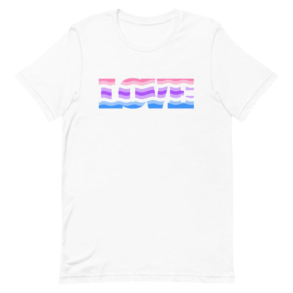Front view of a white T-shirt with “LOVE” in pink, purple, and blue wavy stripes