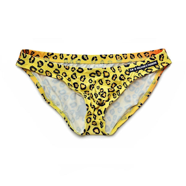 Front view of yellow leopard-print low-rise briefs with translucent side panels