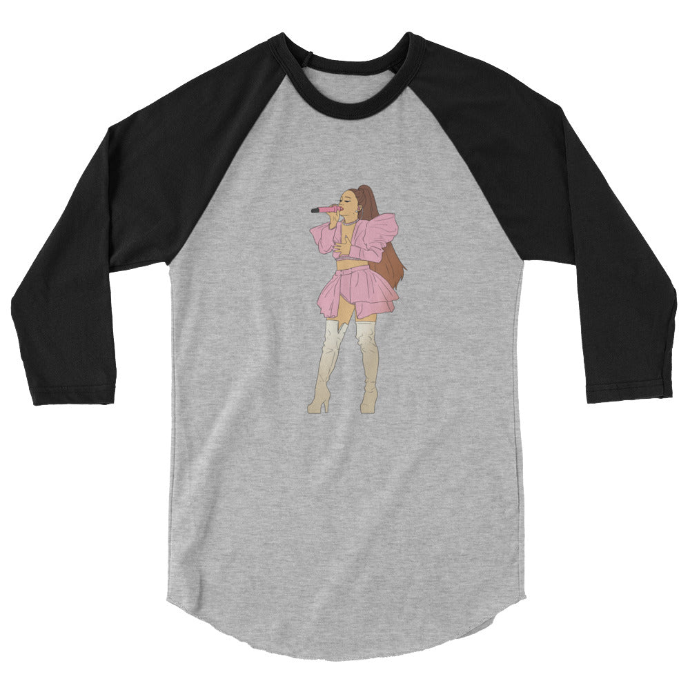 Gray and black raglan shirt featuring a pink singer illustration holding a microphone