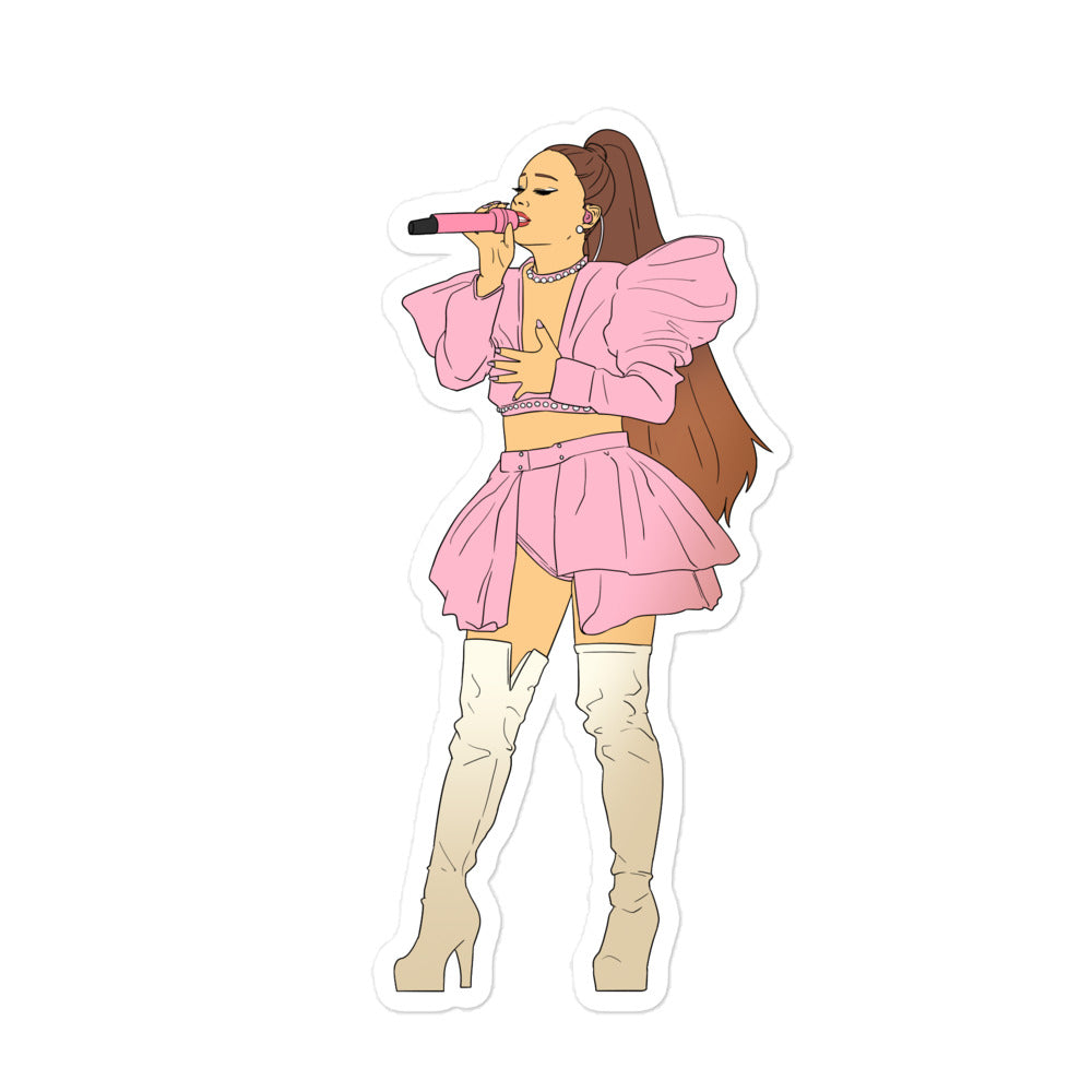 Illustrated singer sticker in a pink outfit and thigh-high boots, holding a microphone