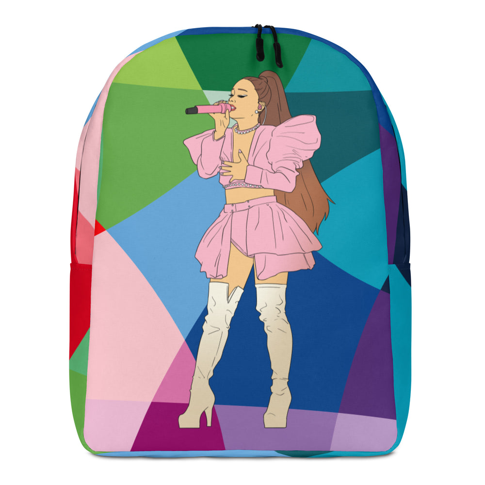Front view of a rainbow geometric backpack featuring an illustrated singer in pink