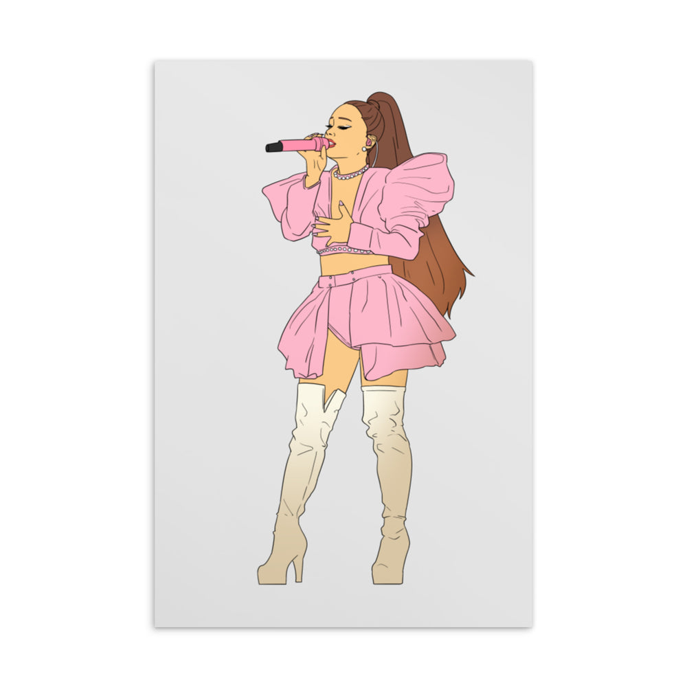 Illustrated Ariana Grande postcard showing a singer in pink performing with a microphone
