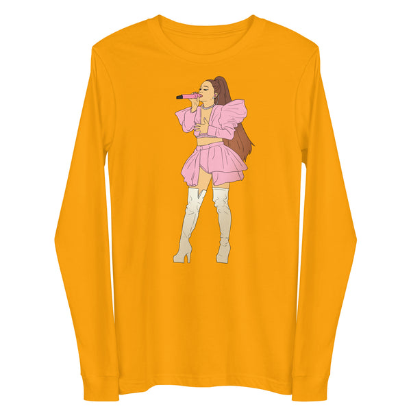 Front view of a gold long-sleeve shirt with a pink singer illustration holding a microphone