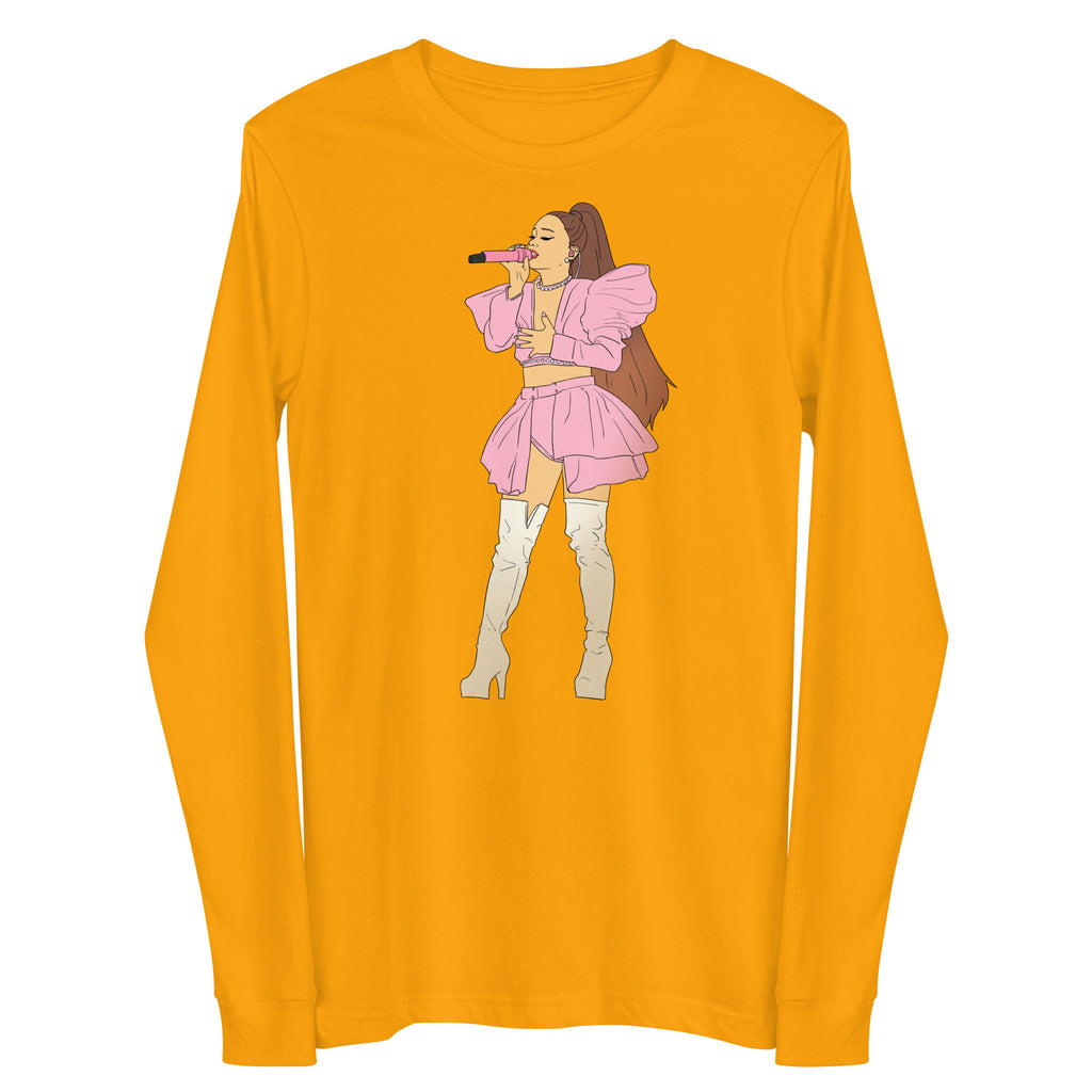Front view of a gold long-sleeve shirt with a pink singer illustration holding a microphone