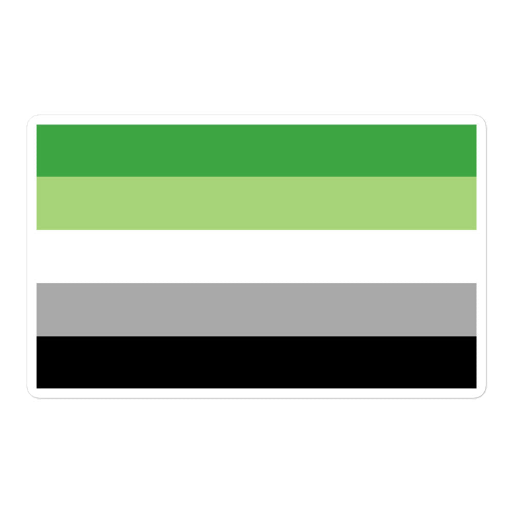 Rectangular aromantic flag sticker with green, gray, and black horizontal bands