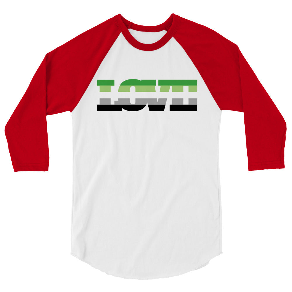 White raglan shirt with red three-quarter sleeves and green, gray, and black chest graphic