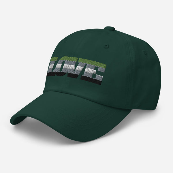 Dark green cap shown from the front-left, with a striped embroidered geometric design