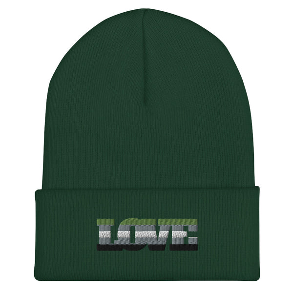 Front view of a dark green cuffed beanie embroidered with the word “LOVE”