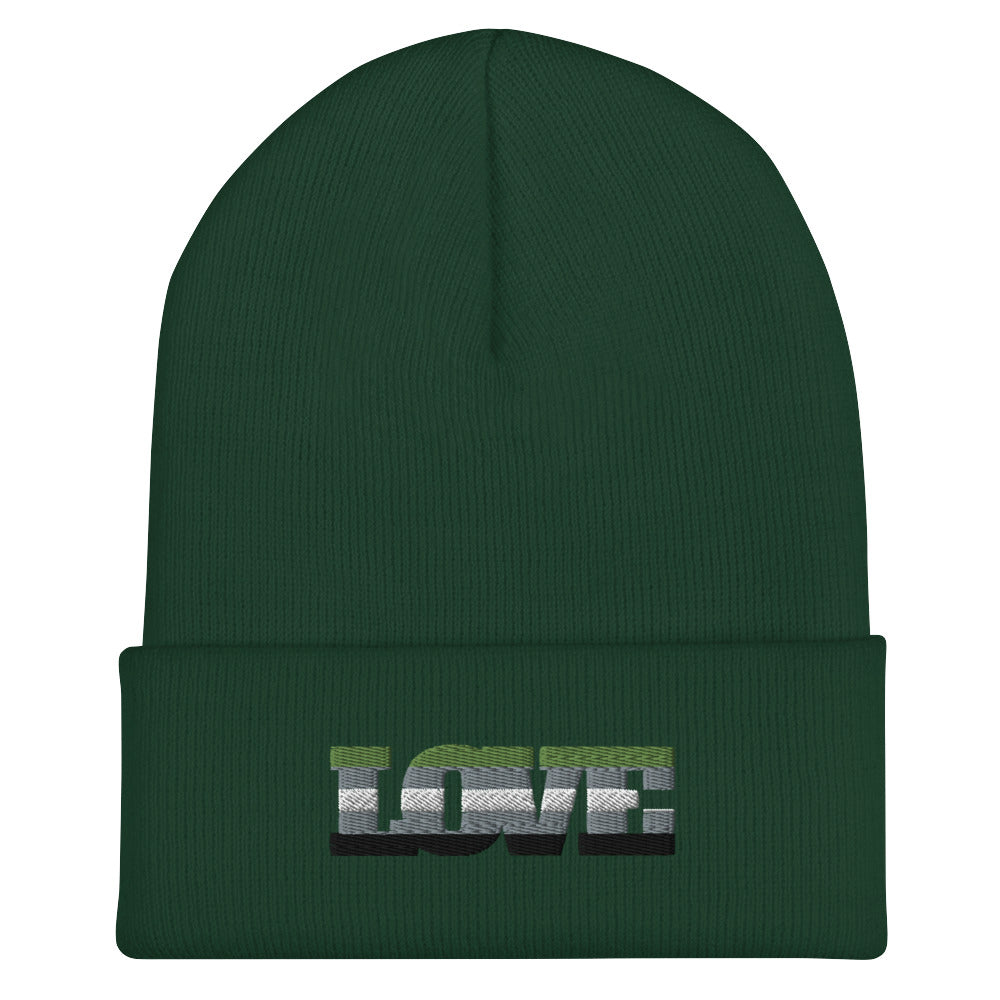 Front view of a dark green cuffed beanie embroidered with the word “LOVE”
