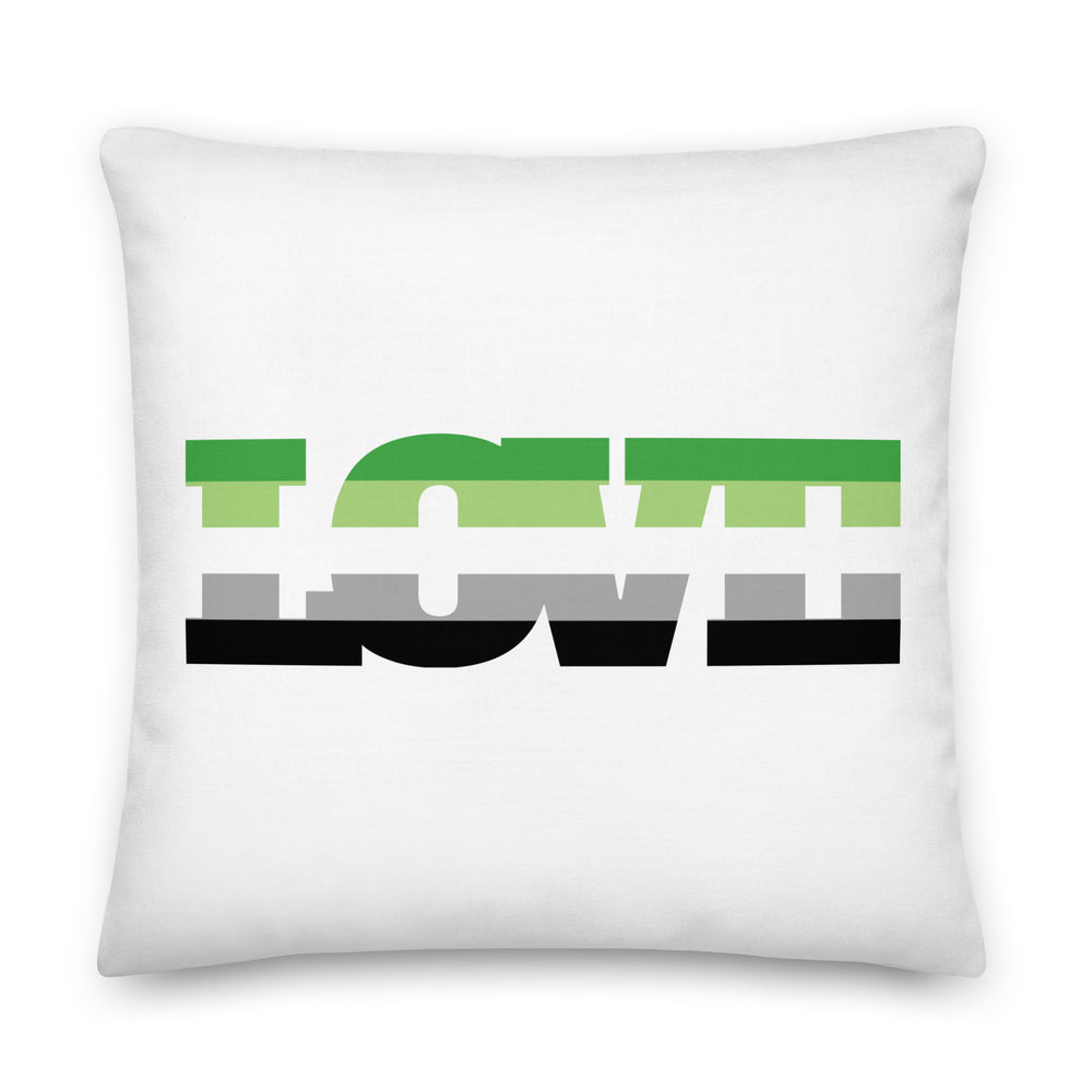 White square pillow with a green, gray, and black striped aromantic flag design
