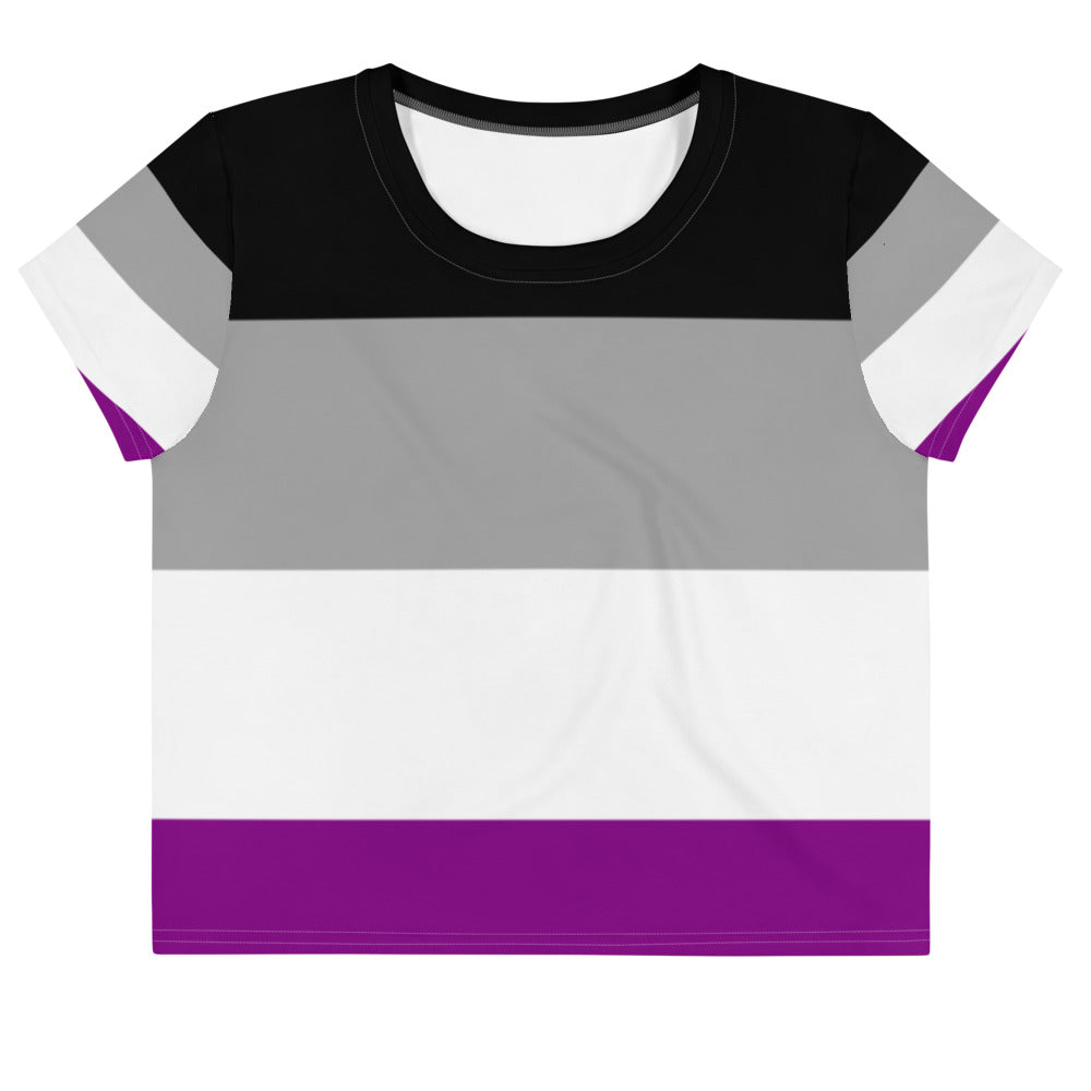 Front view of a cropped T-shirt with black, gray, white, and purple horizontal bands