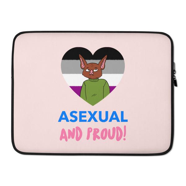 Front view of a pale pink laptop sleeve reading “ASEXUAL AND PROUD!” with a bat in a heart