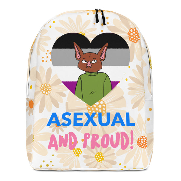 Front view of a floral backpack reading “ASEXUAL AND PROUD!” with an illustrated bat over an asexual flag