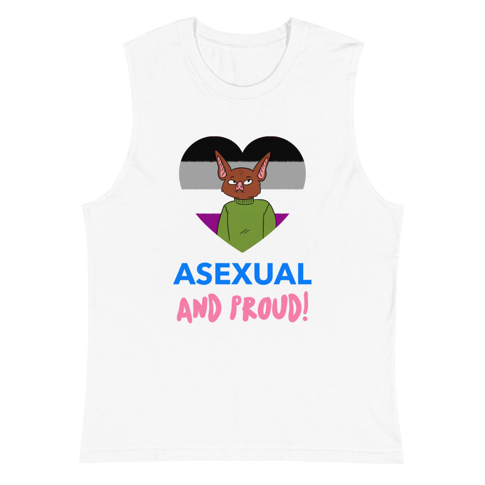 Front view of a white muscle tank top reading “ASEXUAL AND PROUD!” with a bat character