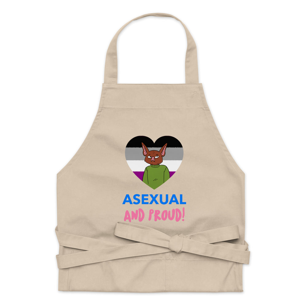 Front-facing beige apron with a heart graphic, cartoon bat, and “ASEXUAL AND PROUD!” text