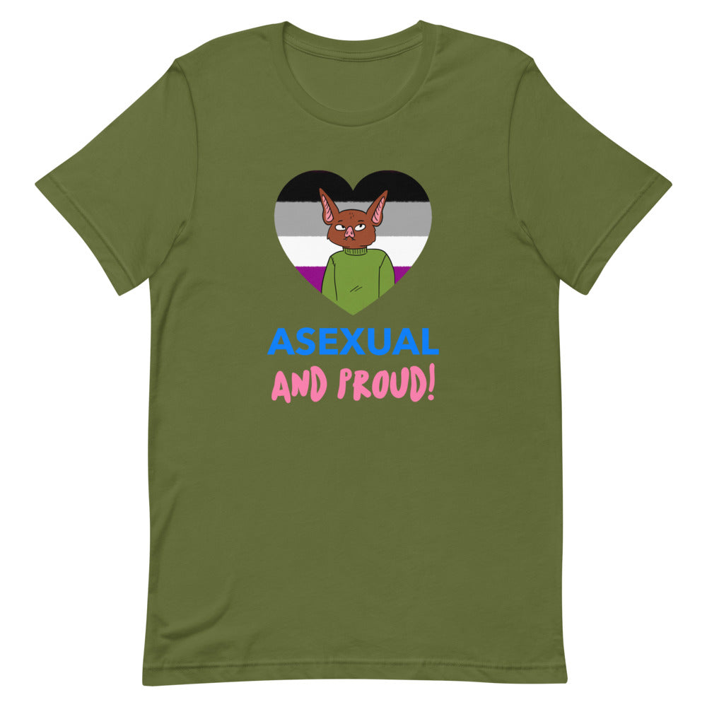 Olive green T-shirt with a bat character, asexual flag heart, and “ASEXUAL AND PROUD!” text