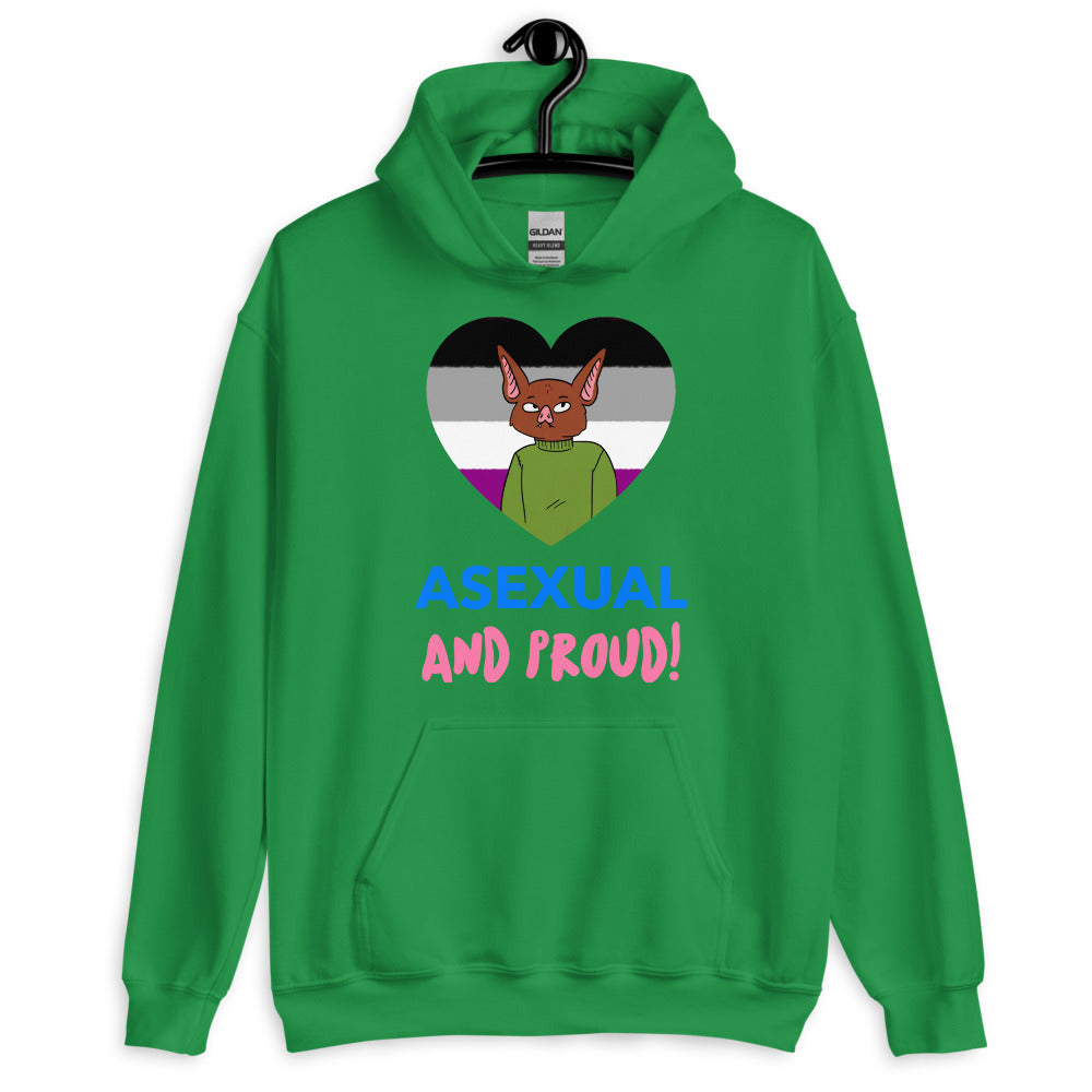 Front-facing green hoodie reading “ASEXUAL AND PROUD!” with a bat in an asexual-flag heart