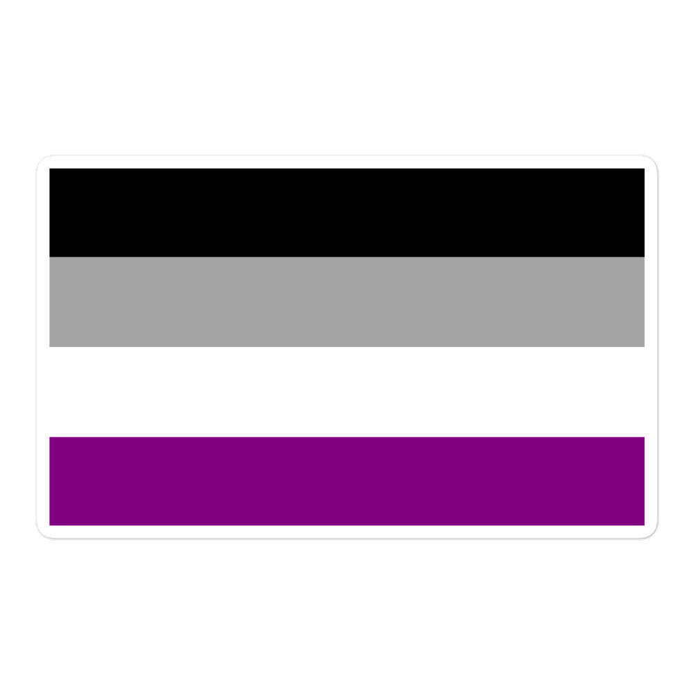 Rounded rectangular asexual pride flag sticker with black, gray, white, and purple stripes