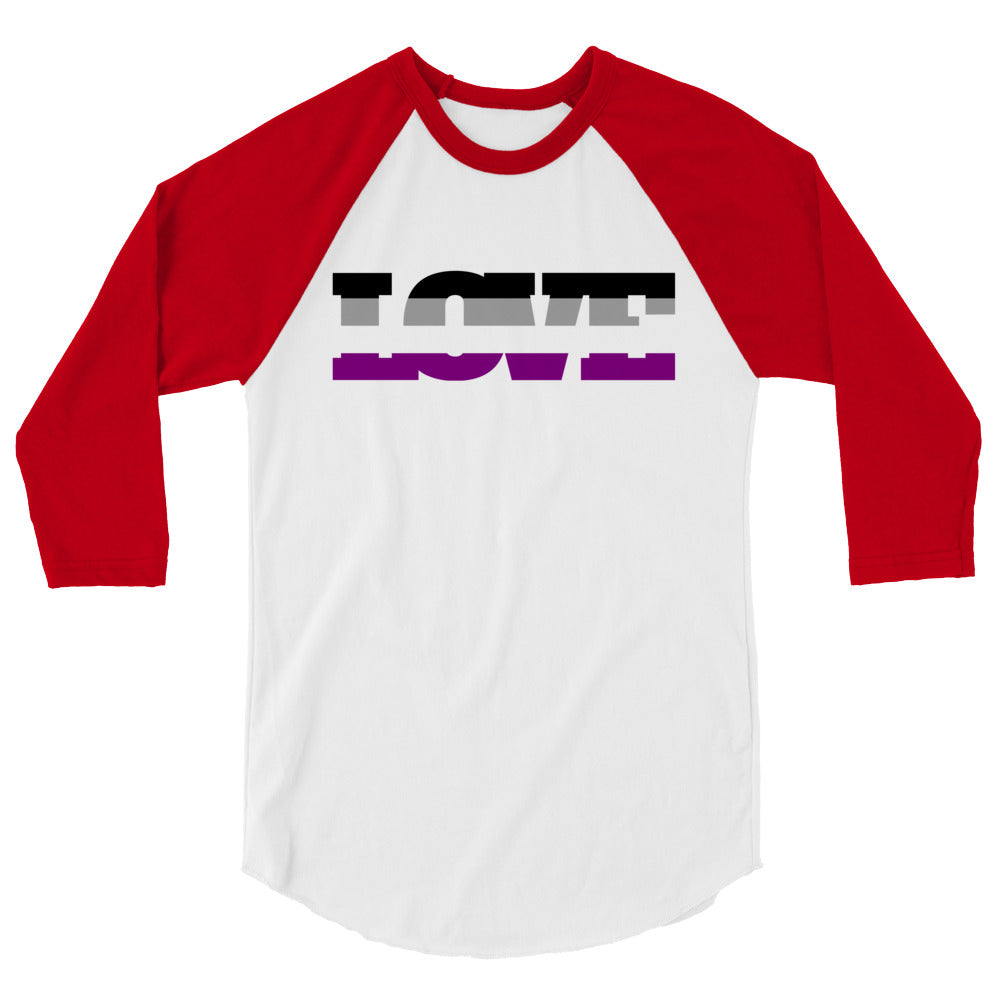 White-and-red raglan shirt with LOVE lettering in black, gray, white and purple asexual Pride colors.