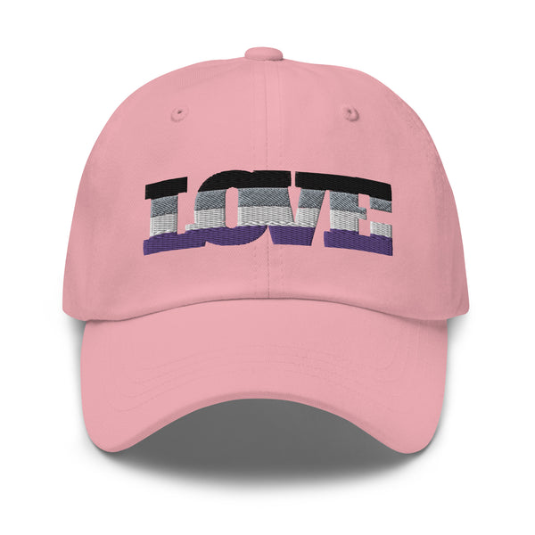 Front view of a pink baseball cap embroidered with a multicolored asexual flag and the word “LOVE”