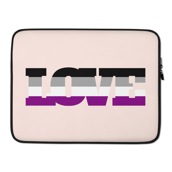 Pale pink laptop sleeve with black trim and large asexual pride flag stripes
