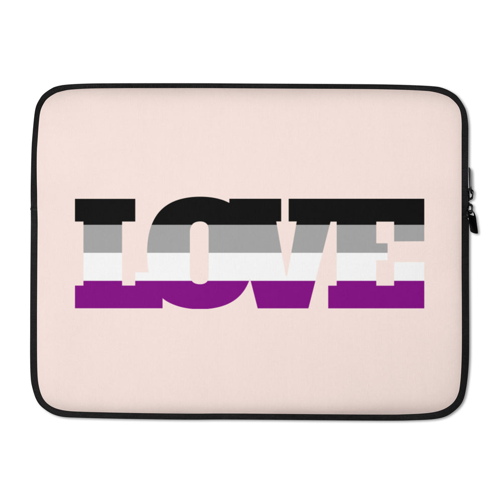 Pale pink laptop sleeve with black trim and large asexual pride flag stripes