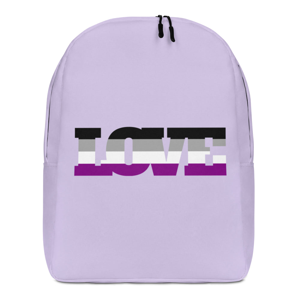Front-facing lavender backpack with large black, white, and purple LOVE lettering