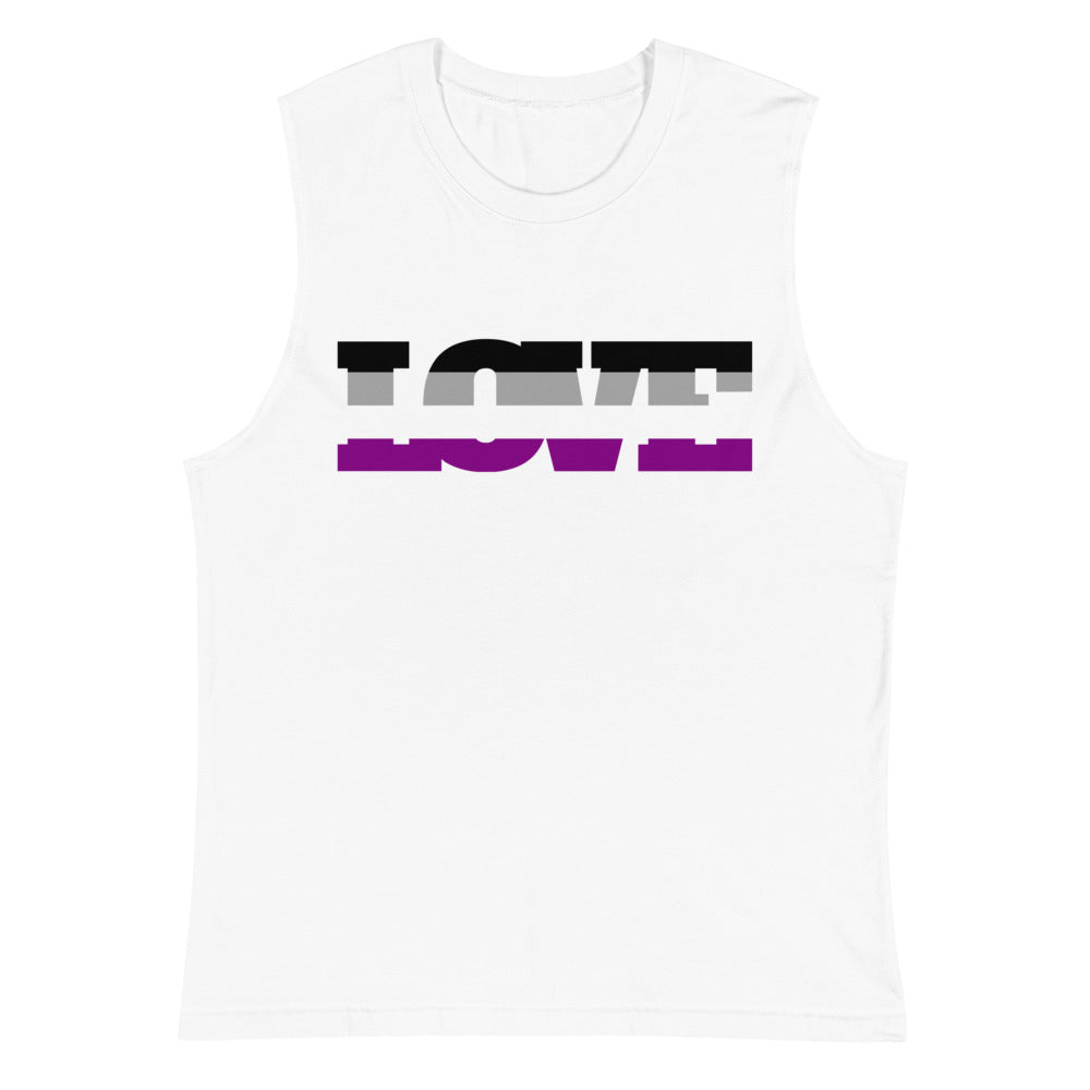 Front view of a white muscle tank top with bold black, gray, and purple graphic lettering