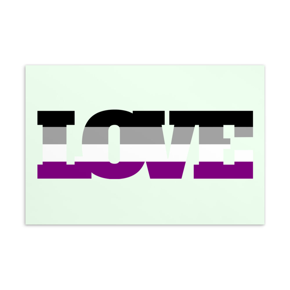 Postcard with bold black, gray, white, and purple horizontal stripes forming abstract block lettering