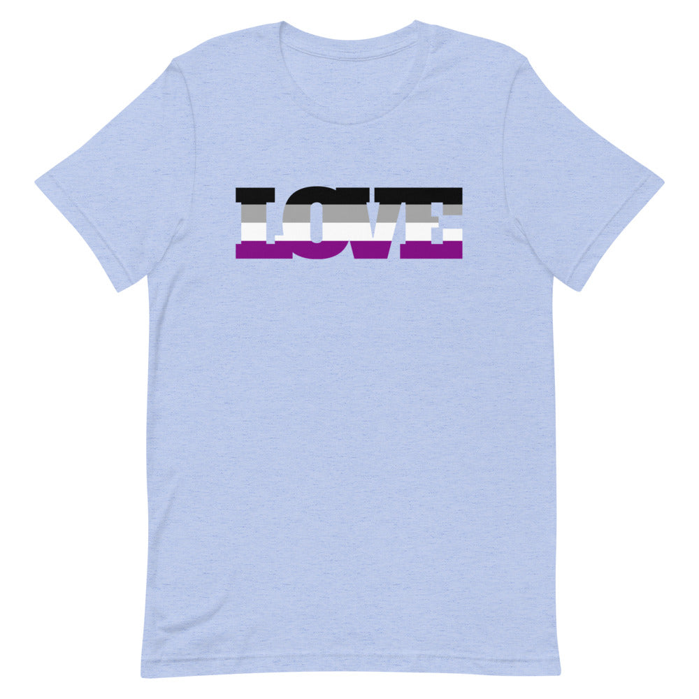 Flat-lay light blue T-shirt with a black, white, gray, and purple LOVE graphic