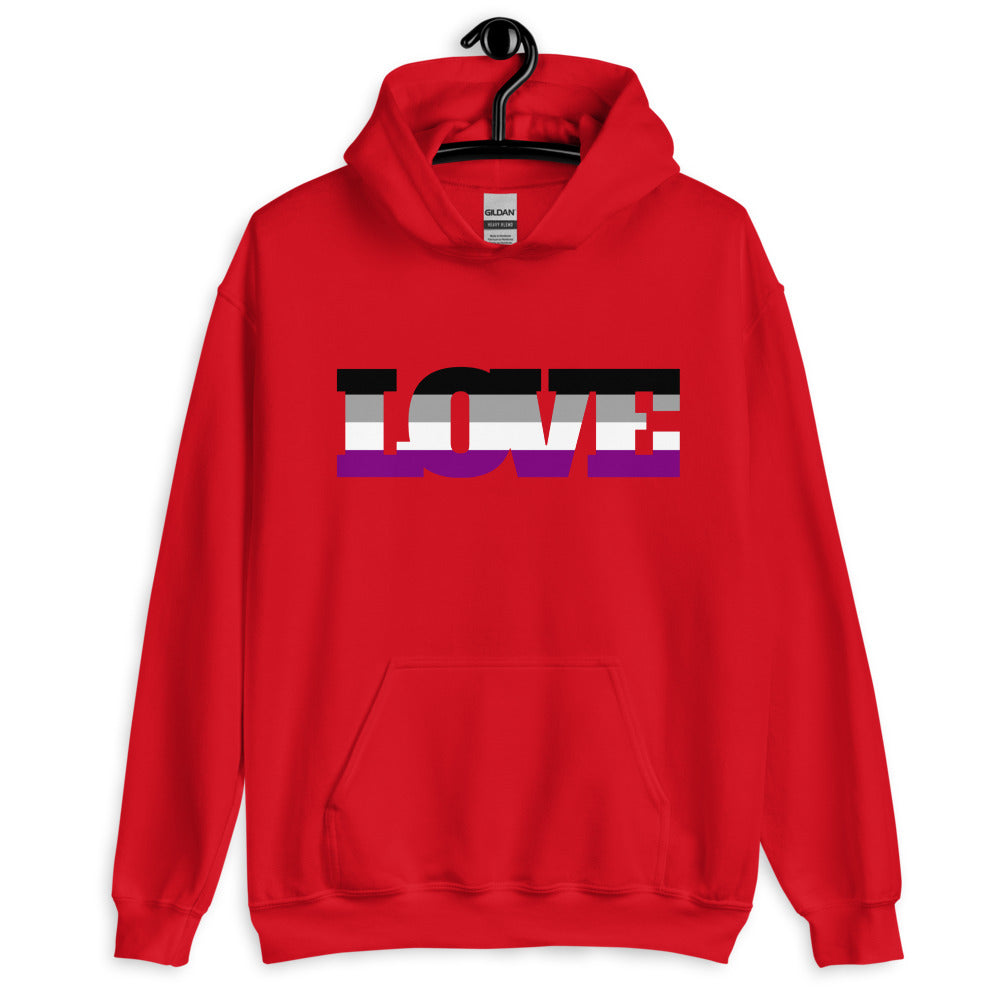 Front view of a red pullover hoodie with LOVE lettering in asexual pride colors